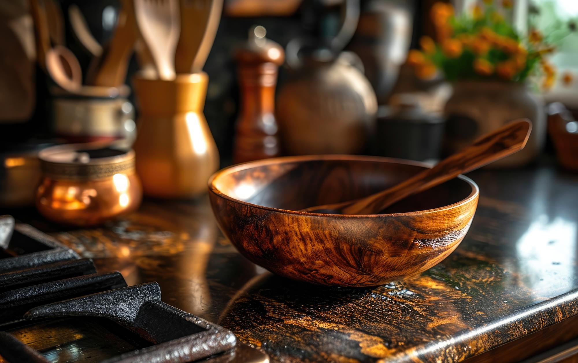 Artisan kitchen workspace with copper pans and wooden table